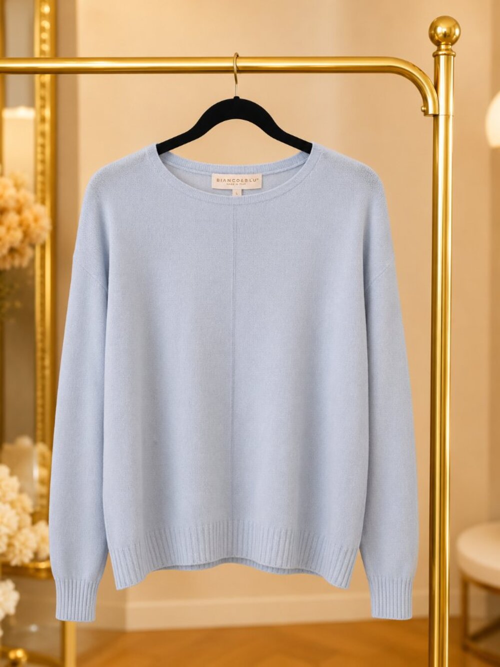 Cashmere Wool Silk Blend Baby Blue Made in Italy Lightweight Crewneck Sweater L